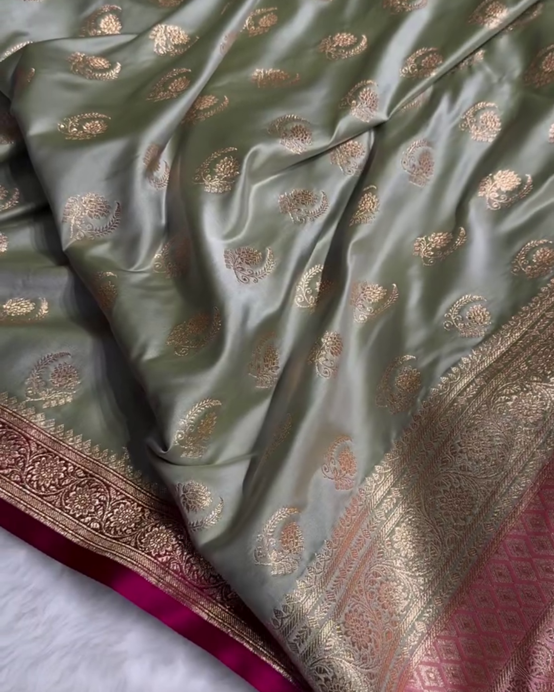 icultural - Green Katan Silk Saree with Zari Boota and Pink Border