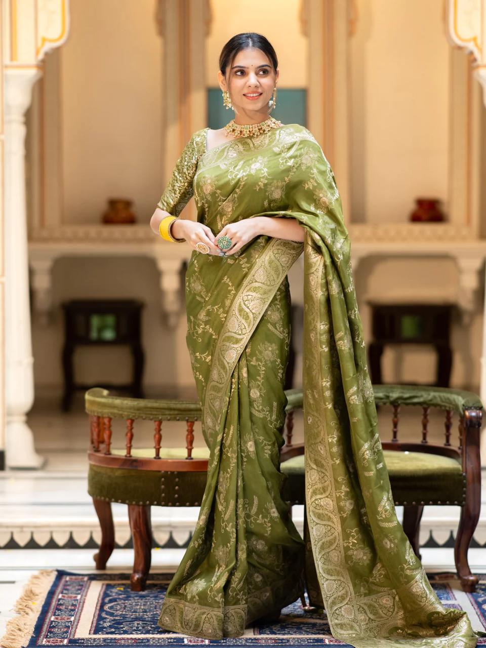 icultural Mahendi Banarasi Silk Saree WIth Fabulouse Blouse Piece