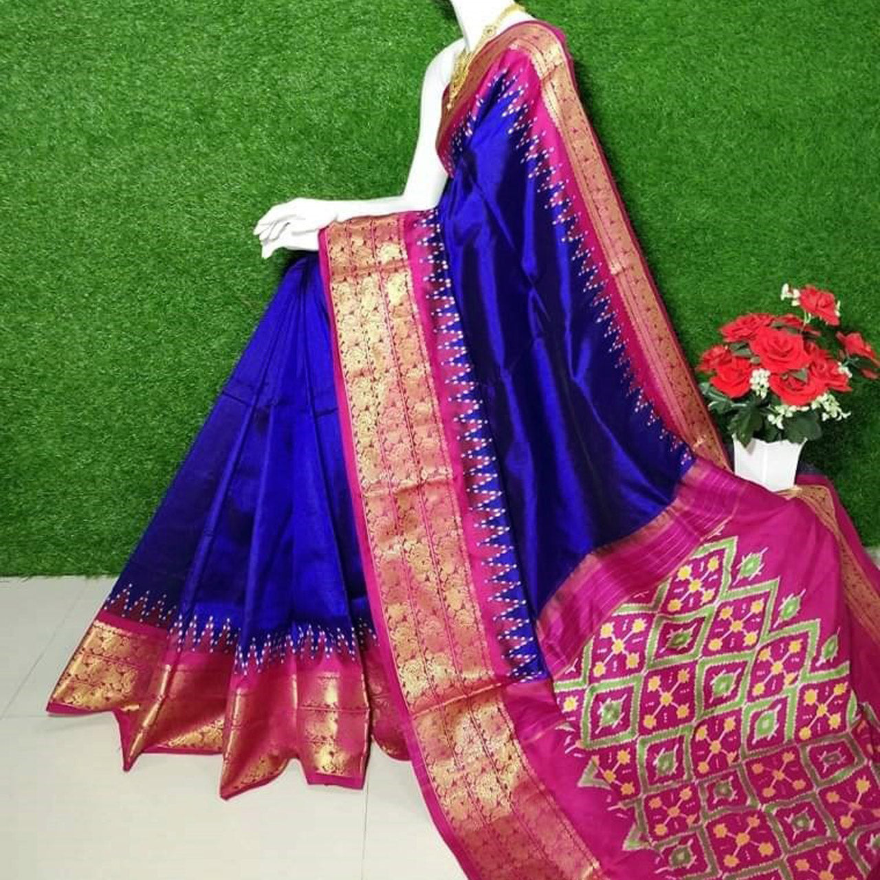 Blue Kanchi Border Plain Blue by Icultuer With Patola Design Blouse