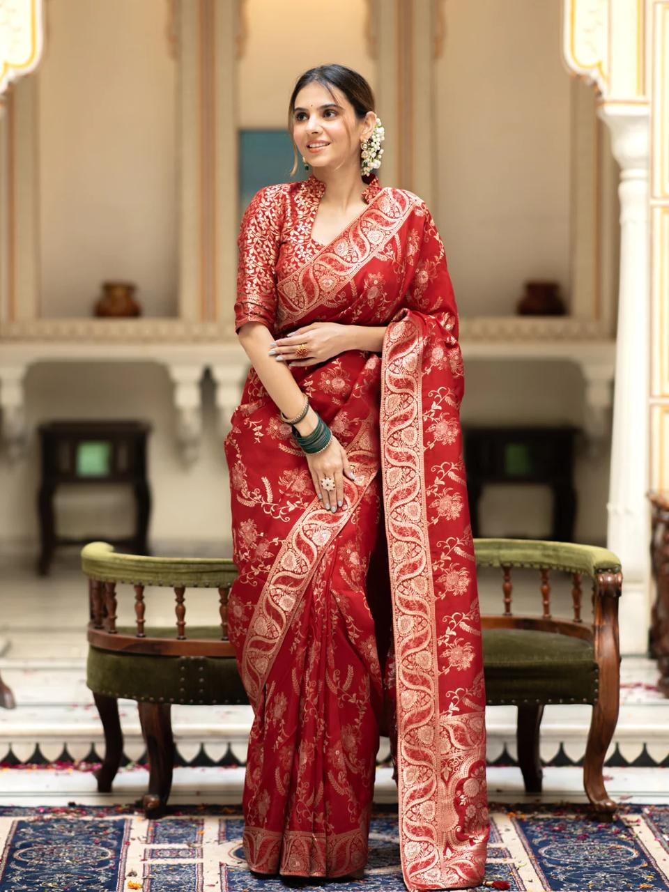icultural Red Banarasi Silk Saree WIth Fabulouse Blouse Piece