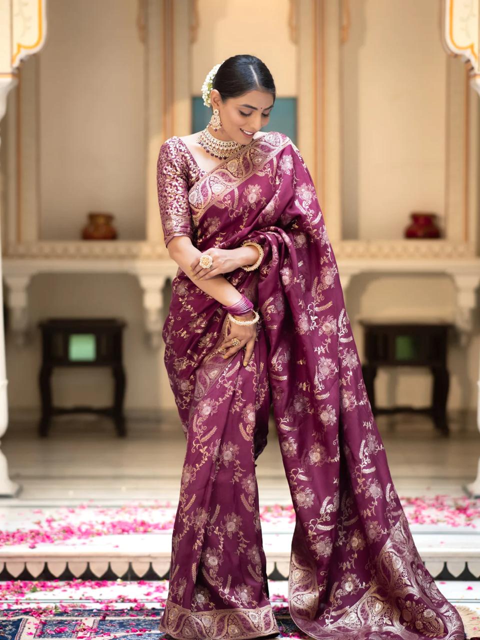 icultural Wine Banarasi Silk Saree WIth Fabulouse Blouse Piece