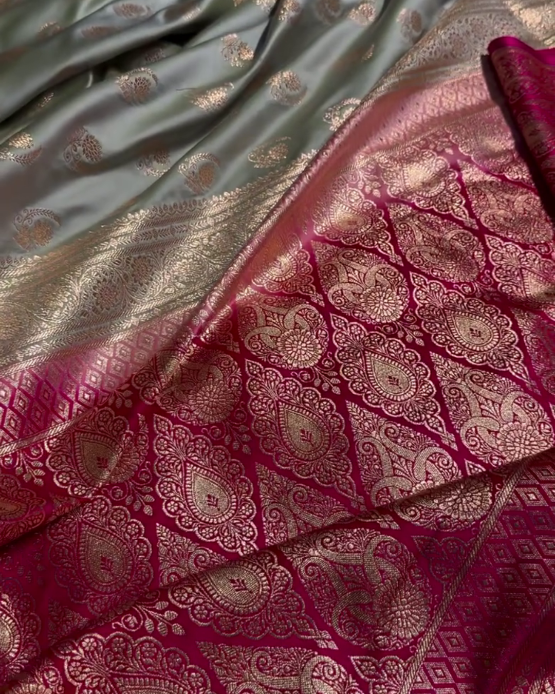 icultural - Green Katan Silk Saree with Zari Boota and Pink Border