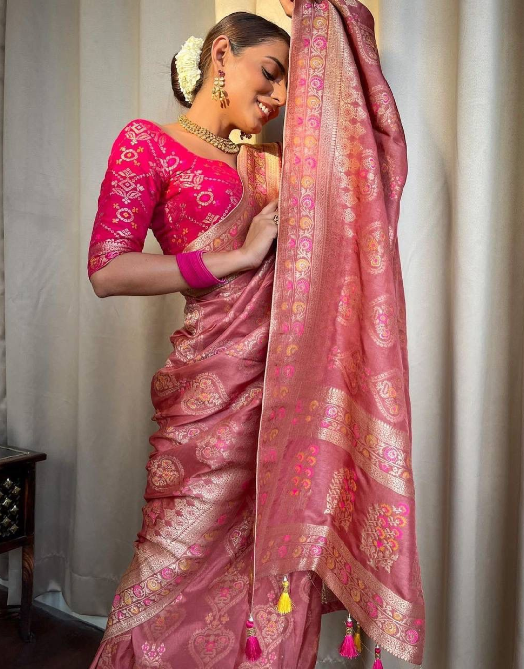 icultural Pestal Pink Soft Banarasi Saree With Attached Blouse