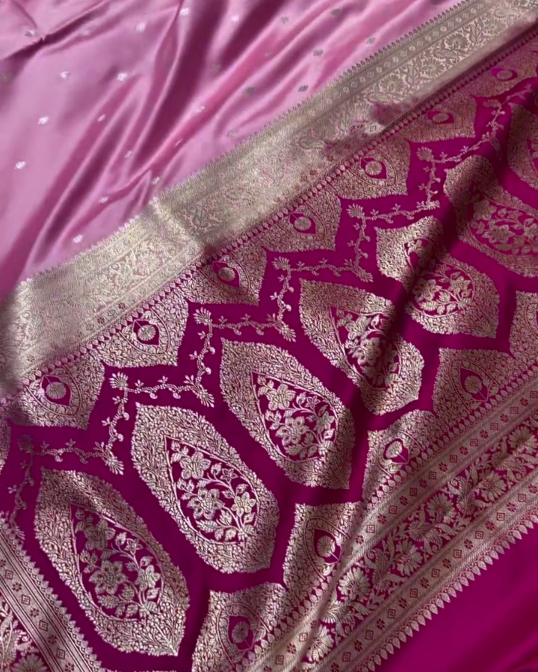 Pink Mashru Silk Saree with Golden Zari Butta & Royal Woven Pallu