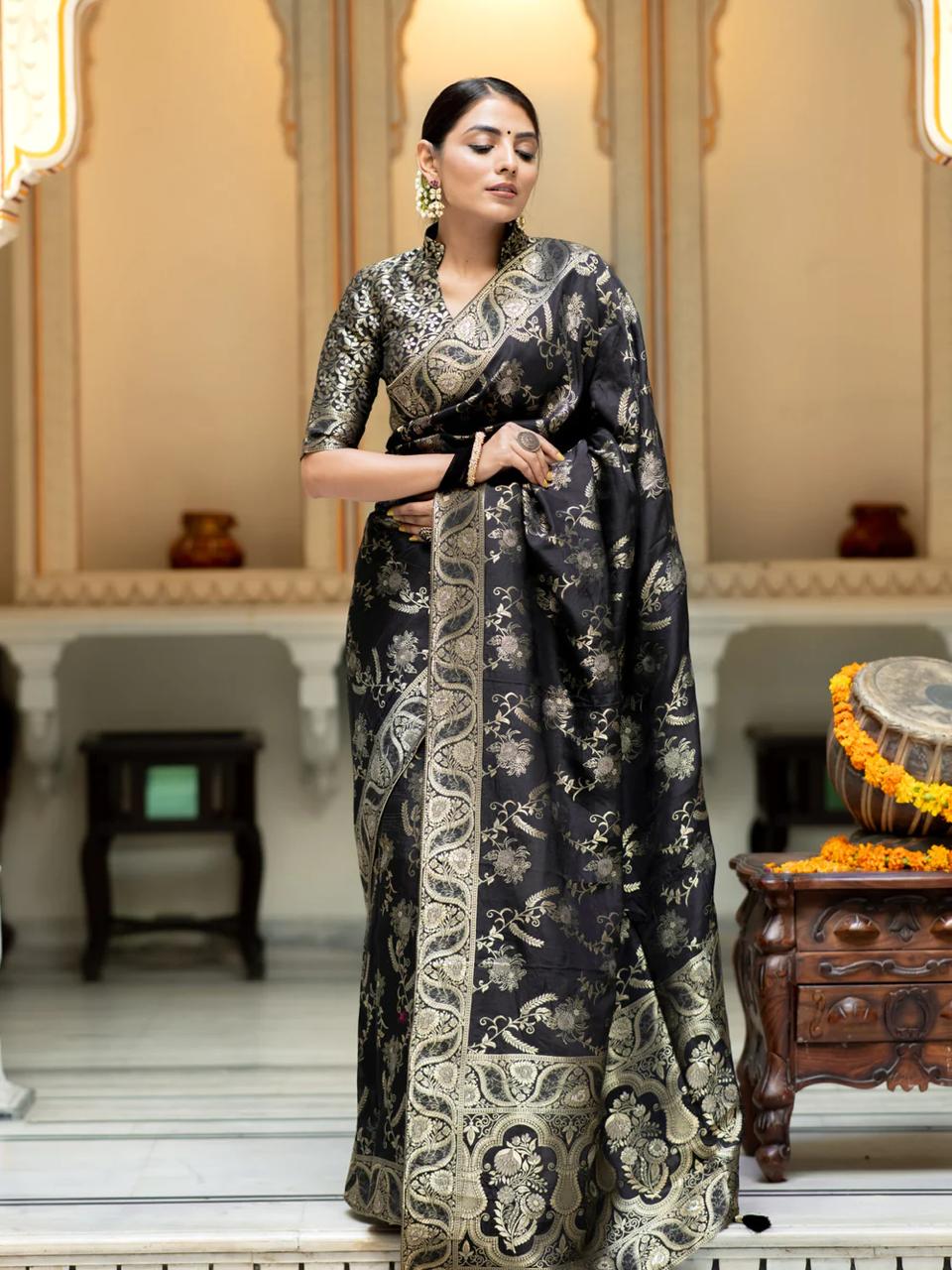 icultural Black Banarasi Silk Saree WIth Fabulouse Blouse Piece