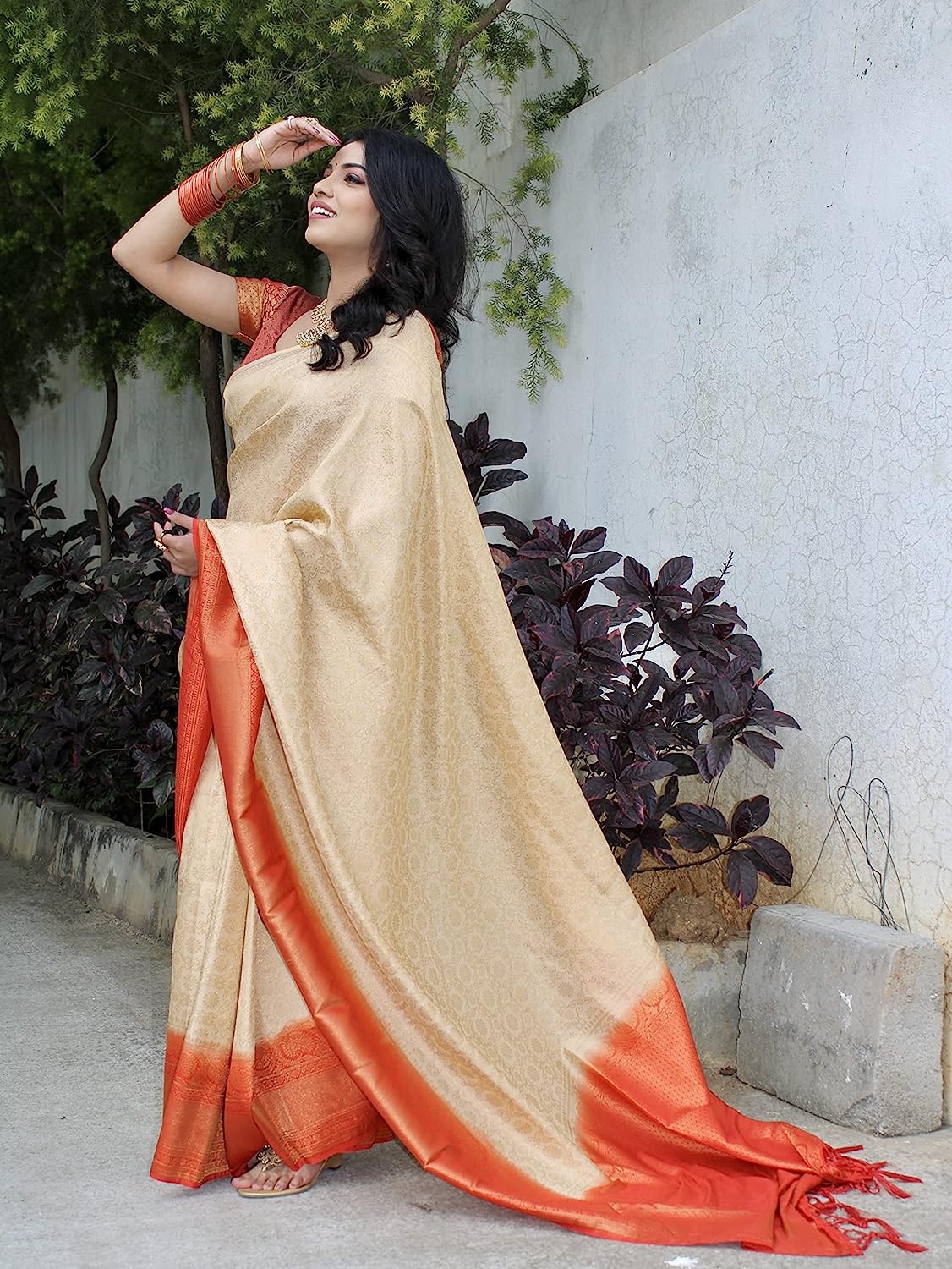 Cream Kanjivaram Soft Silk Banarasi by Icultuer
