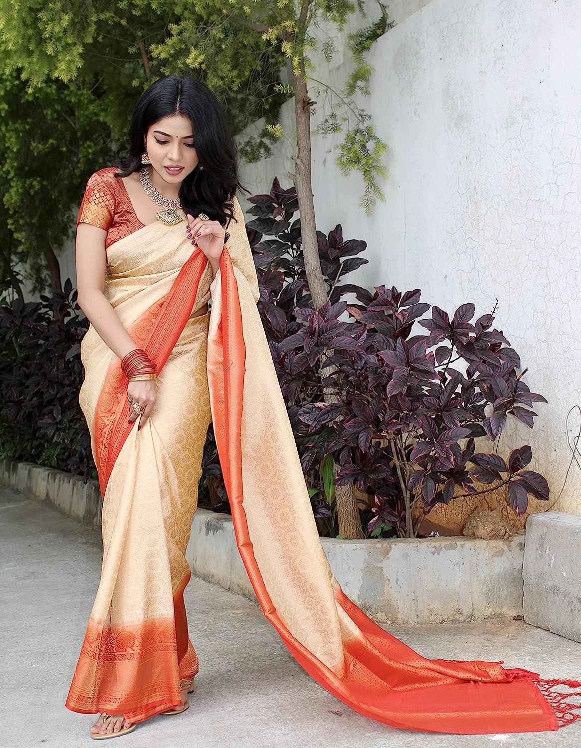 Cream Kanjivaram Soft Silk Banarasi by Icultuer
