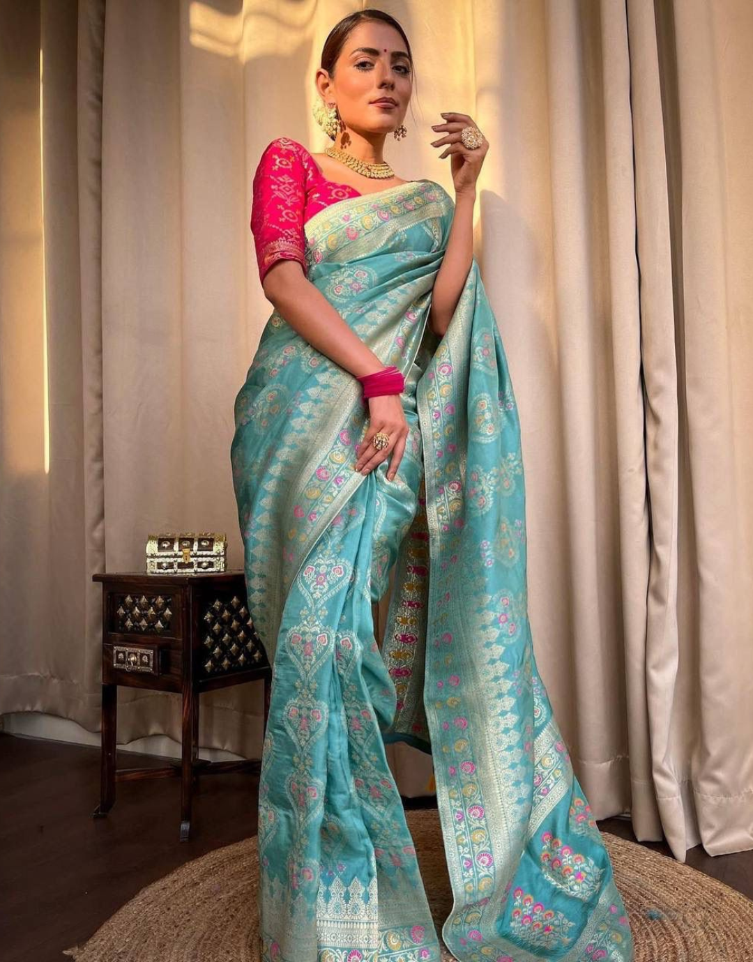 icultural Sky Blue  Soft Banarasi Saree With Attached Blouse