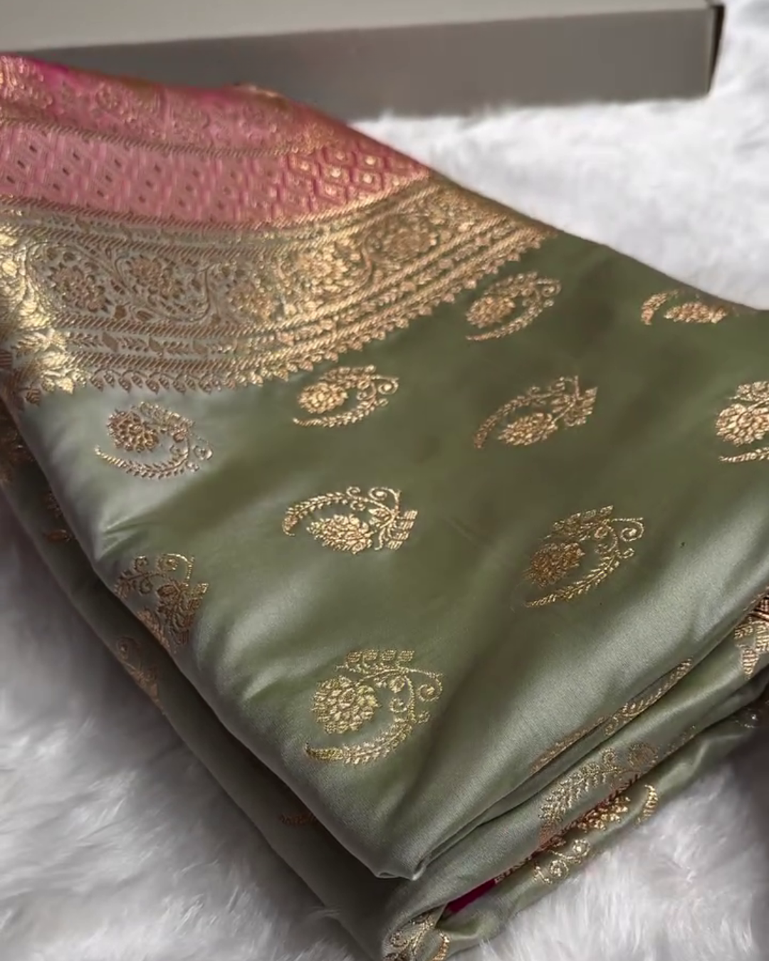 icultural - Green Katan Silk Saree with Zari Boota and Pink Border