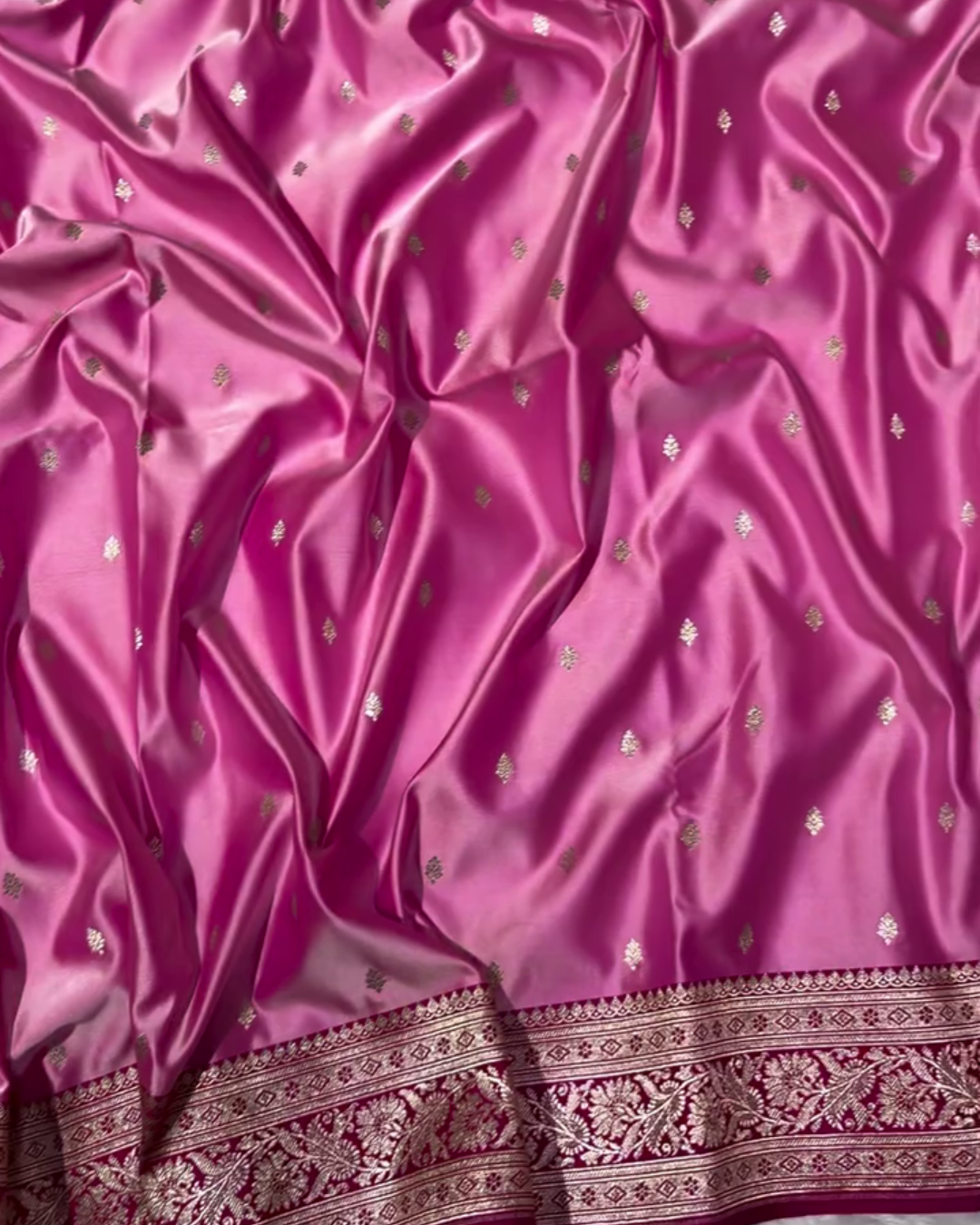 Pink Mashru Silk Saree with Golden Zari Butta & Royal Woven Pallu