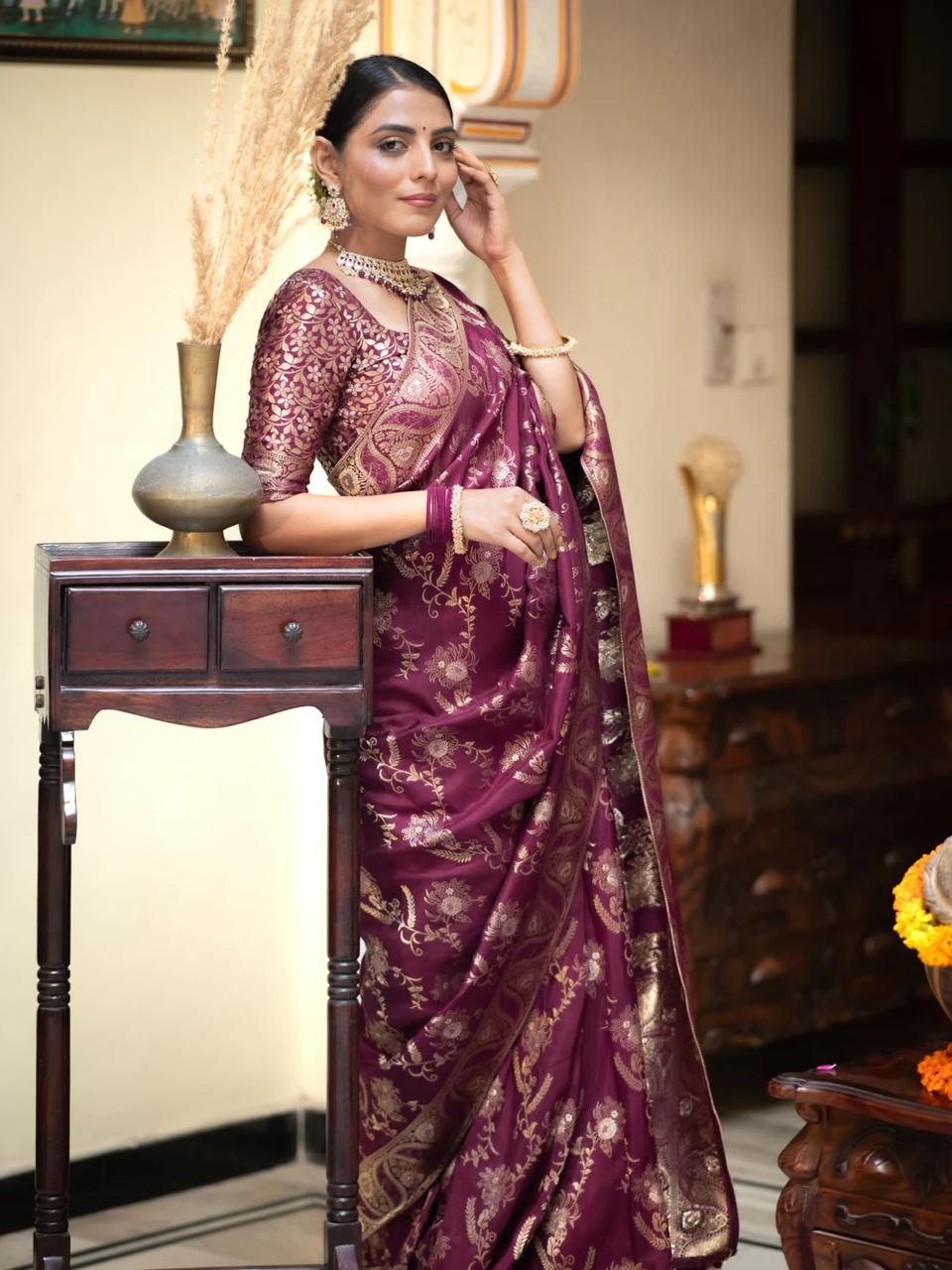icultural Wine Banarasi Silk Saree WIth Fabulouse Blouse Piece
