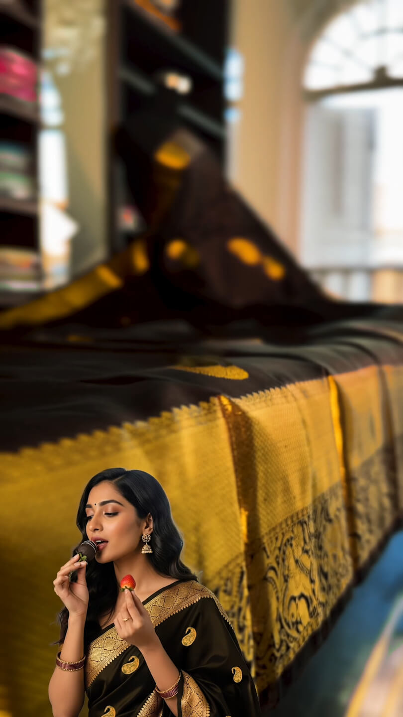 icultural Black Soft Banarasi Silk Saree With Glowing Blouse Piece