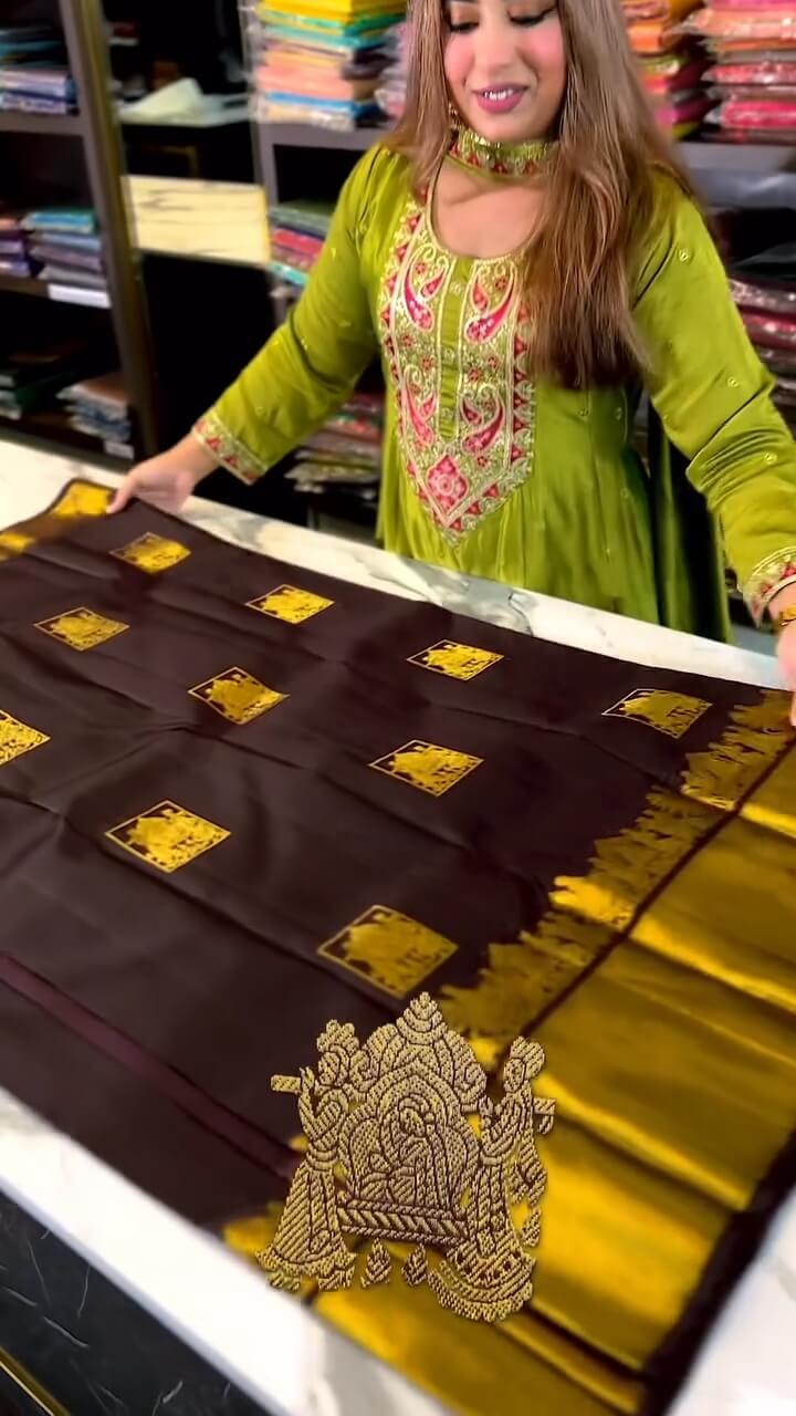 icultural Brown Soft Banarasi Silk Saree With Snappy Blouse Piece