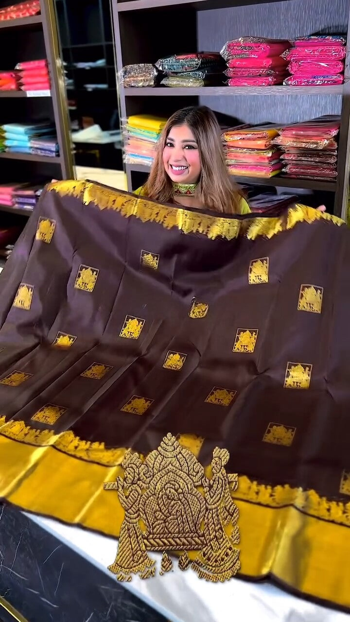 icultural Brown Soft Banarasi Silk Saree With Snappy Blouse Piece