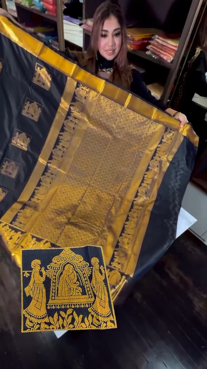 icultural Navy Blue Soft Banarasi Silk Saree With Petrichor Blouse Piece