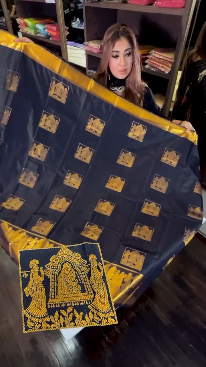 icultural Navy Blue Soft Banarasi Silk Saree With Petrichor Blouse Piece