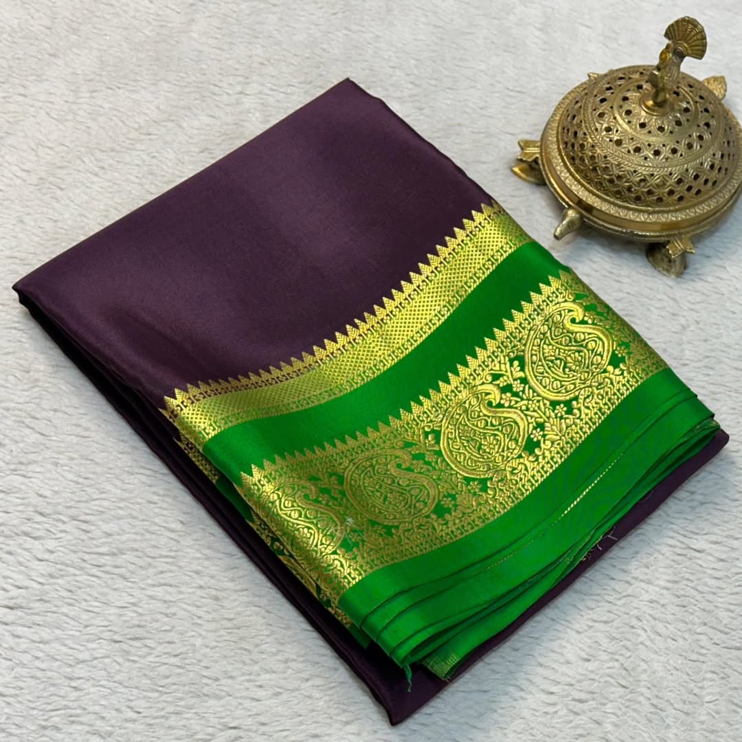 Traditional Mango Bentex Border Mysore Silk by Icultuers with Contrast Line Pallu