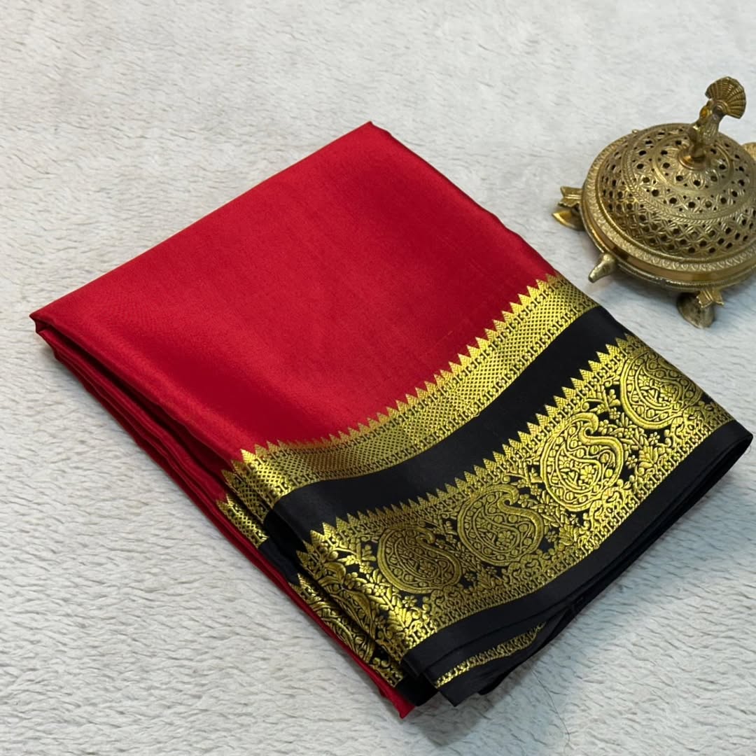 Traditional Mango Bentex Border Mysore Silk by Icultuers with Contrast Line Pallu
