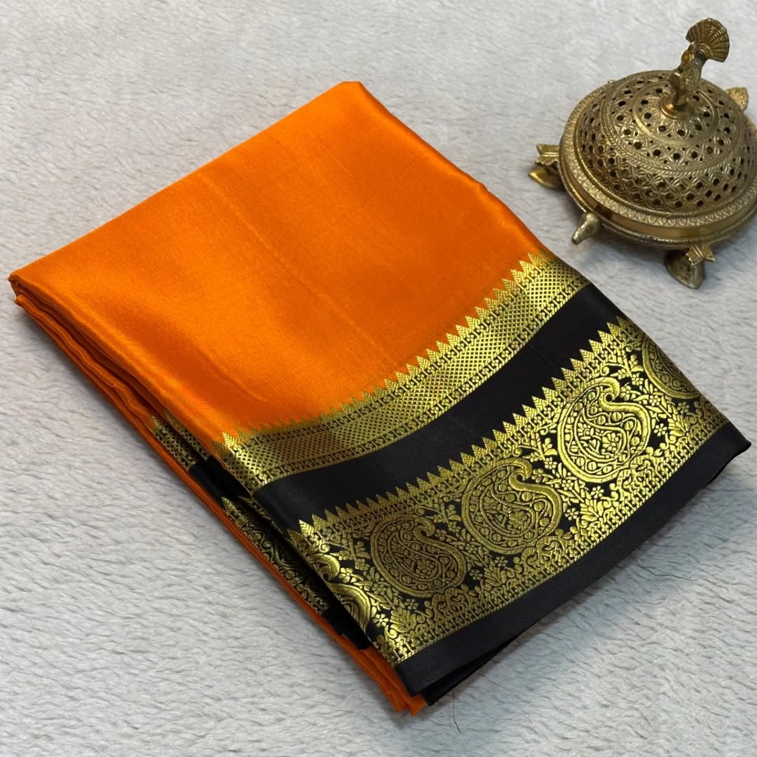 Traditional Mango Bentex Border Mysore Silk by Icultuers with Contrast Line Pallu