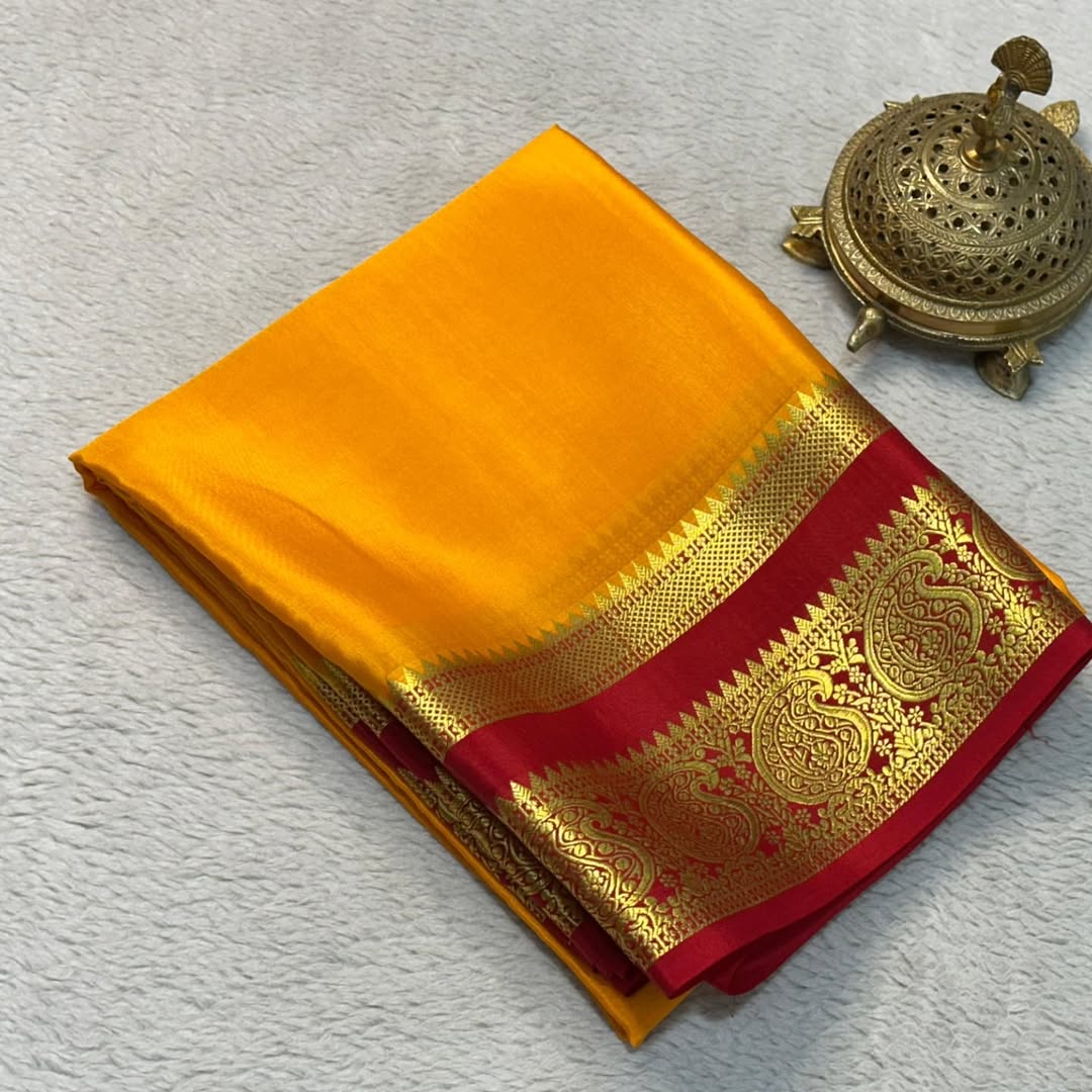 Elegant Contrast Colors in Mango Bentex Border Mysore Silk by Icultuers