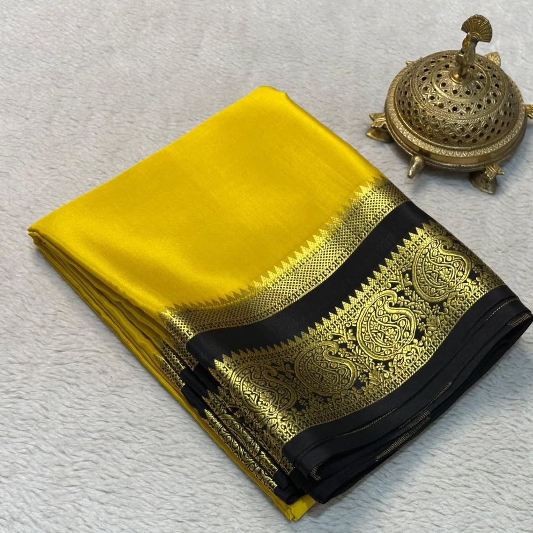 Elegant Contrast Colors in Mango Bentex Border Mysore Silk by Icultuers