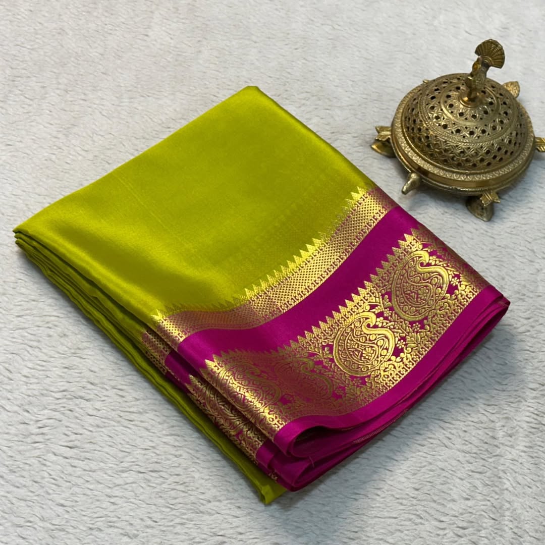 Mysore Silk: Mango Bentex Border by Icultuers with Line Pallu