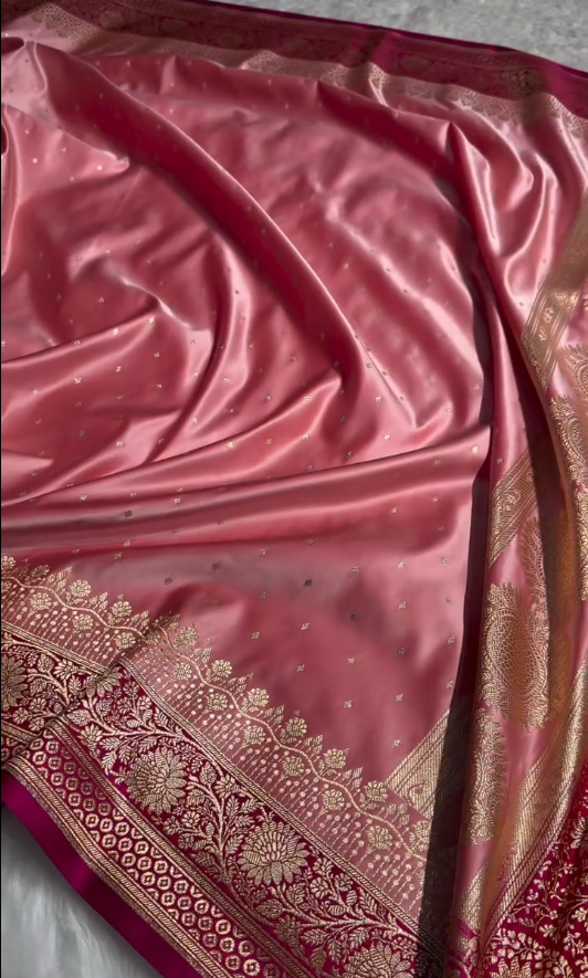 Elegant Rose Peach Satin Silk Saree with Rich Golden Zari Border