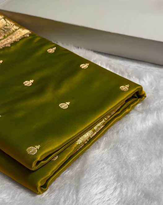 icultural Olive Green Satin Silk Saree with Elegant Golden Zari Motifs
