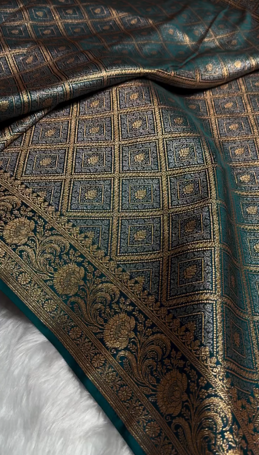 icultural Green Satin Silk Saree with Intricate Golden Zari Check Weaving