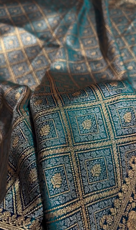 icultural Green Satin Silk Saree with Intricate Golden Zari Check Weaving