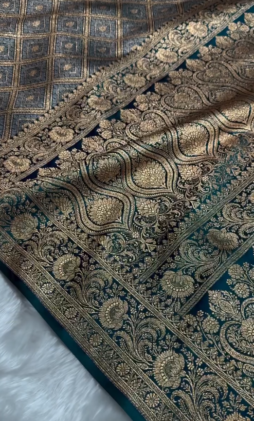 icultural Green Satin Silk Saree with Intricate Golden Zari Check Weaving