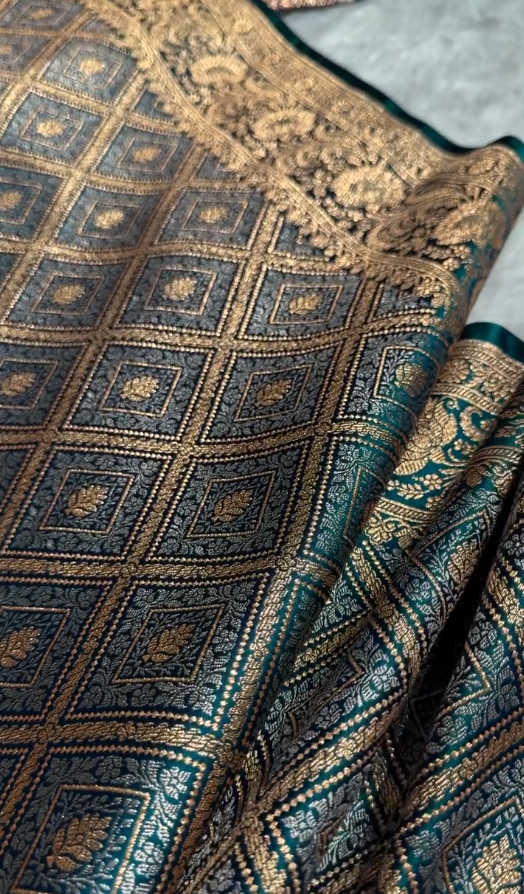 icultural Green Satin Silk Saree with Intricate Golden Zari Check Weaving