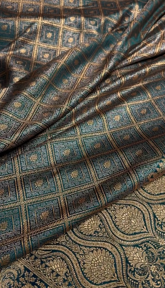 icultural Green Satin Silk Saree with Intricate Golden Zari Check Weaving