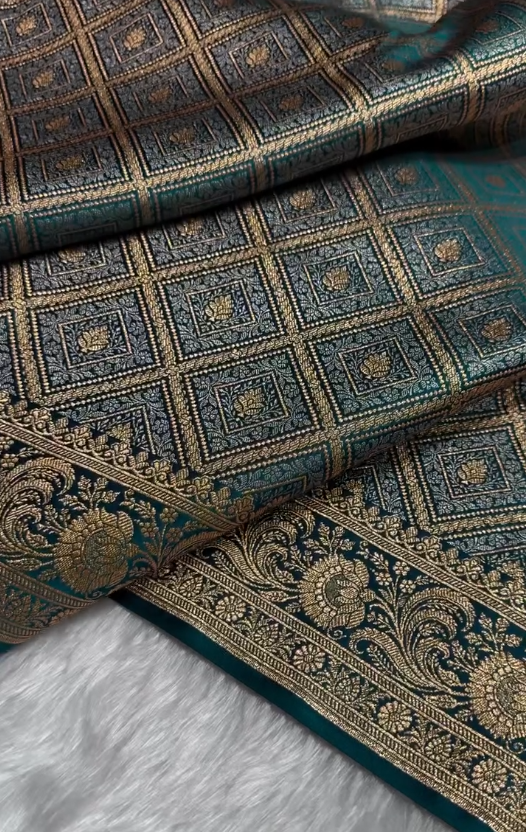 icultural Green Satin Silk Saree with Intricate Golden Zari Check Weaving