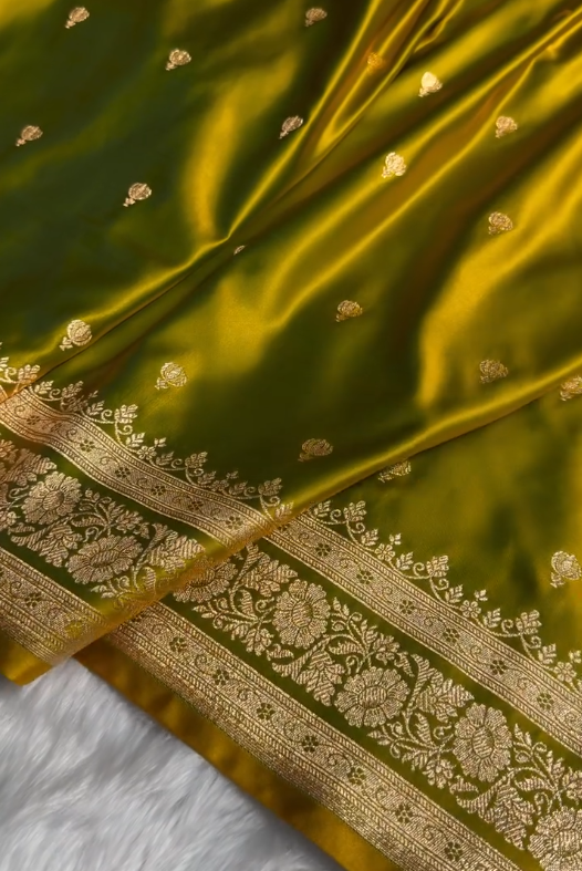 icultural Olive Green Satin Silk Saree with Elegant Golden Zari Motifs