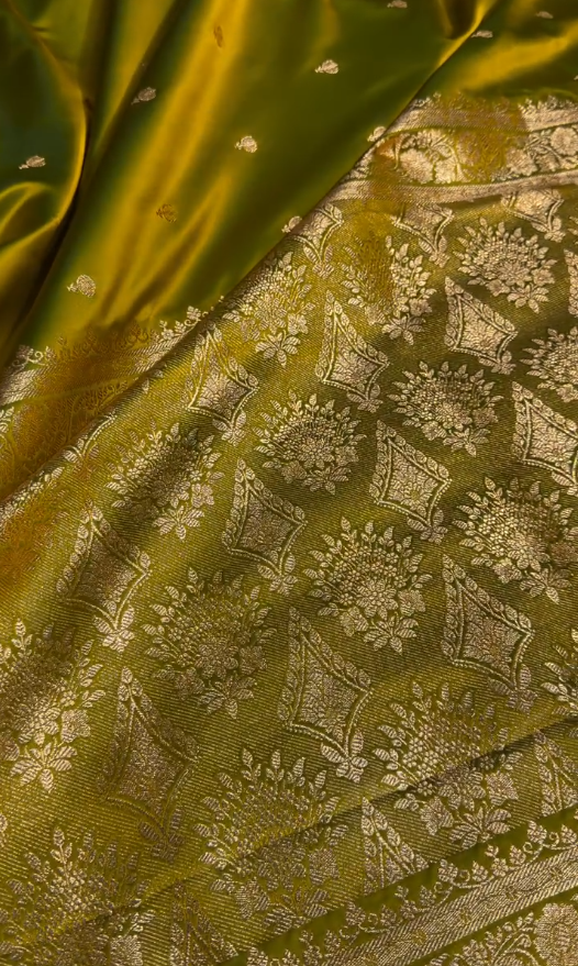 icultural Olive Green Satin Silk Saree with Elegant Golden Zari Motifs