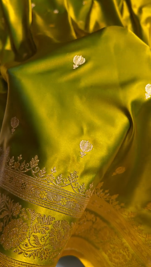 icultural Olive Green Satin Silk Saree with Elegant Golden Zari Motifs