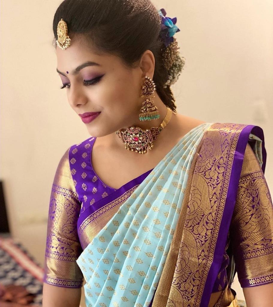 Firozi Soft Banarasi Silk Saree with Purple Jacquard Blouse