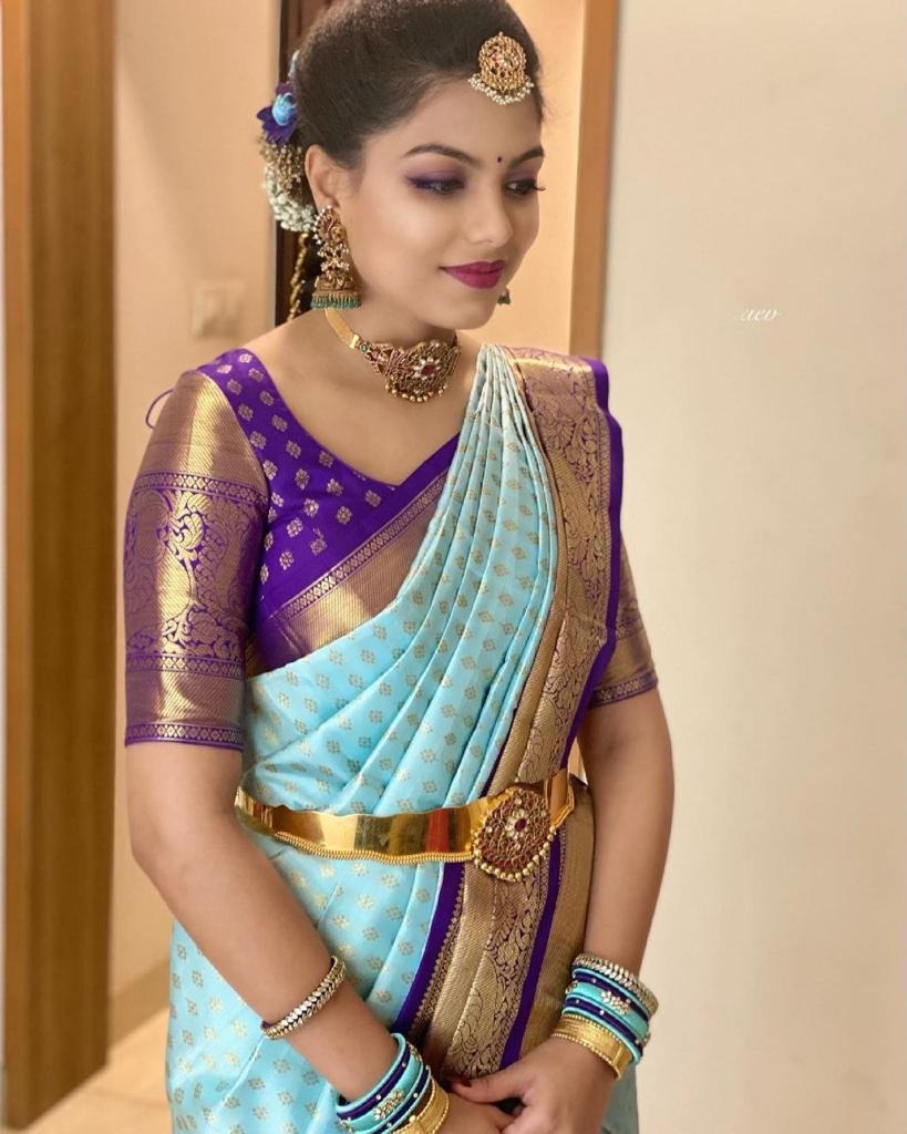Firozi Soft Banarasi Silk Saree with Purple Jacquard Blouse