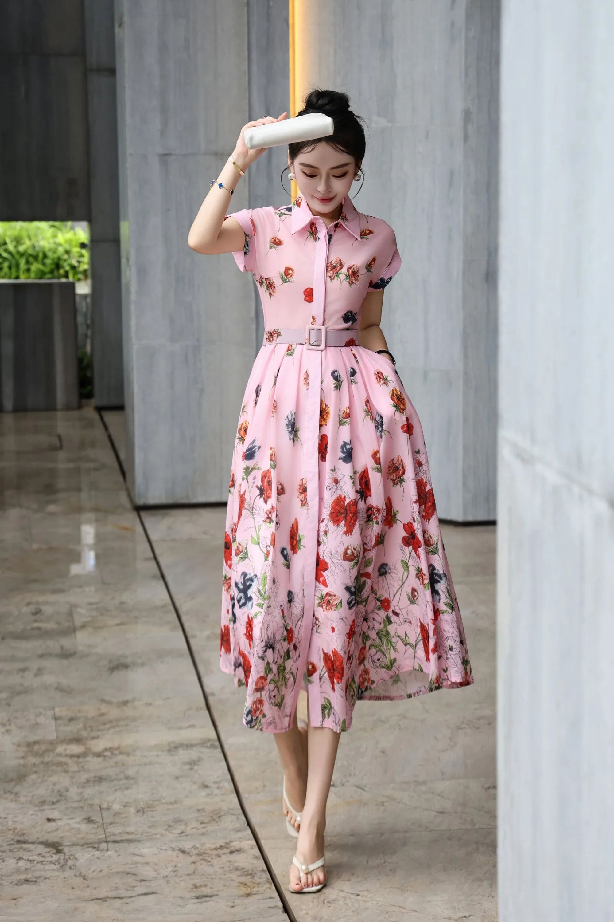 Women’s Summer Pink Floral Print Midi Shirt Dress