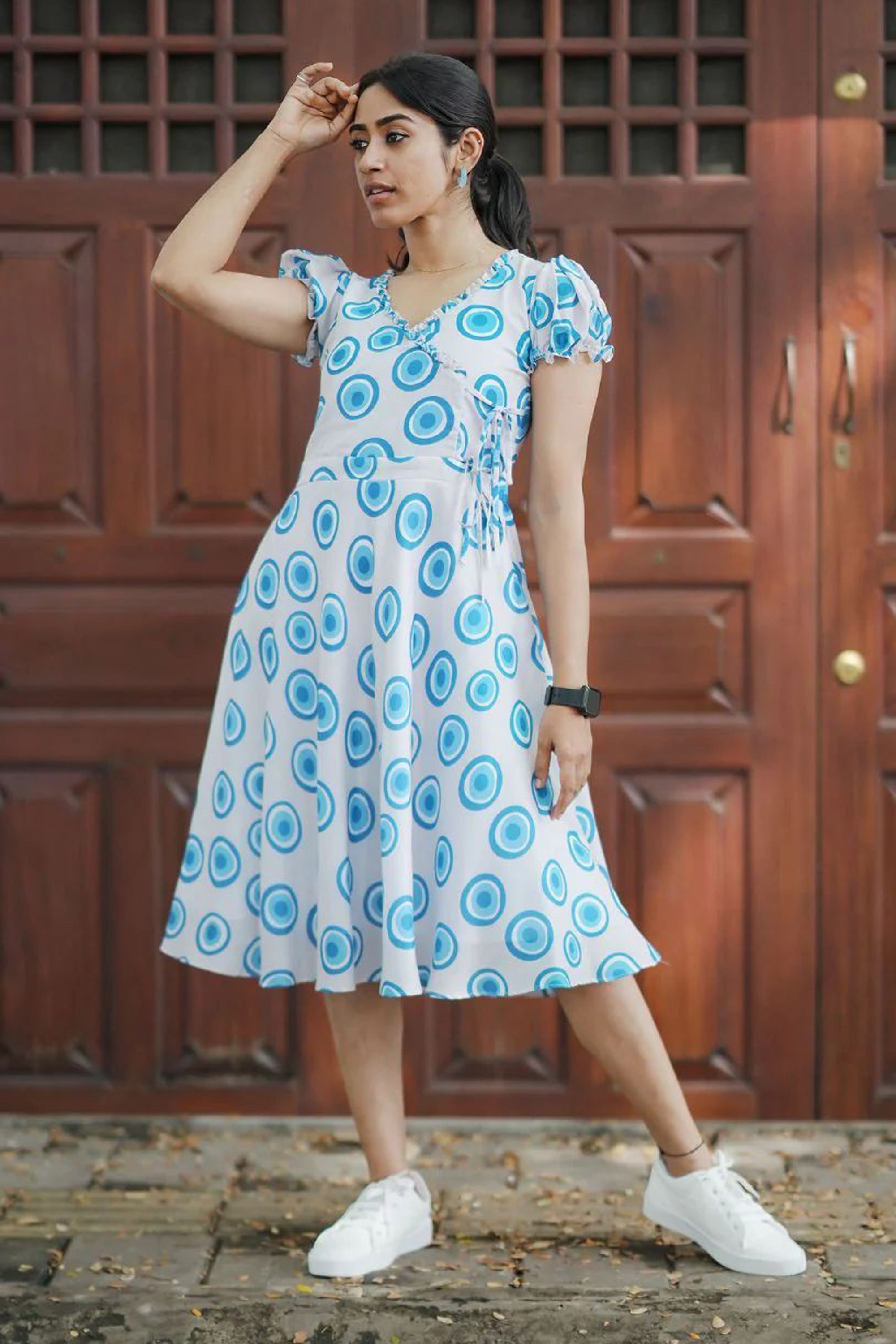Women's White And Sky Blue Geometric Print Muslin Dress