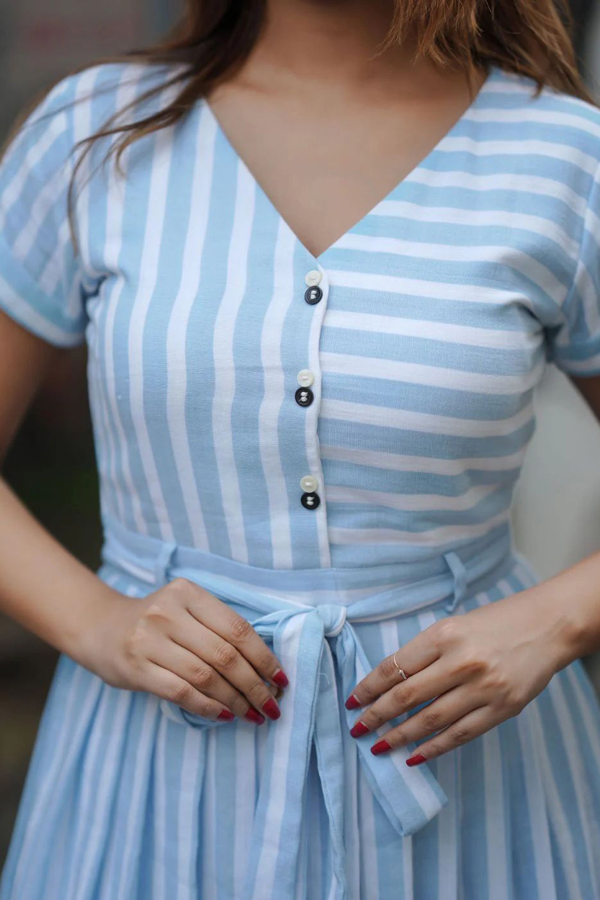 Women's Sky Blue Sea Side Striped Aline Dress