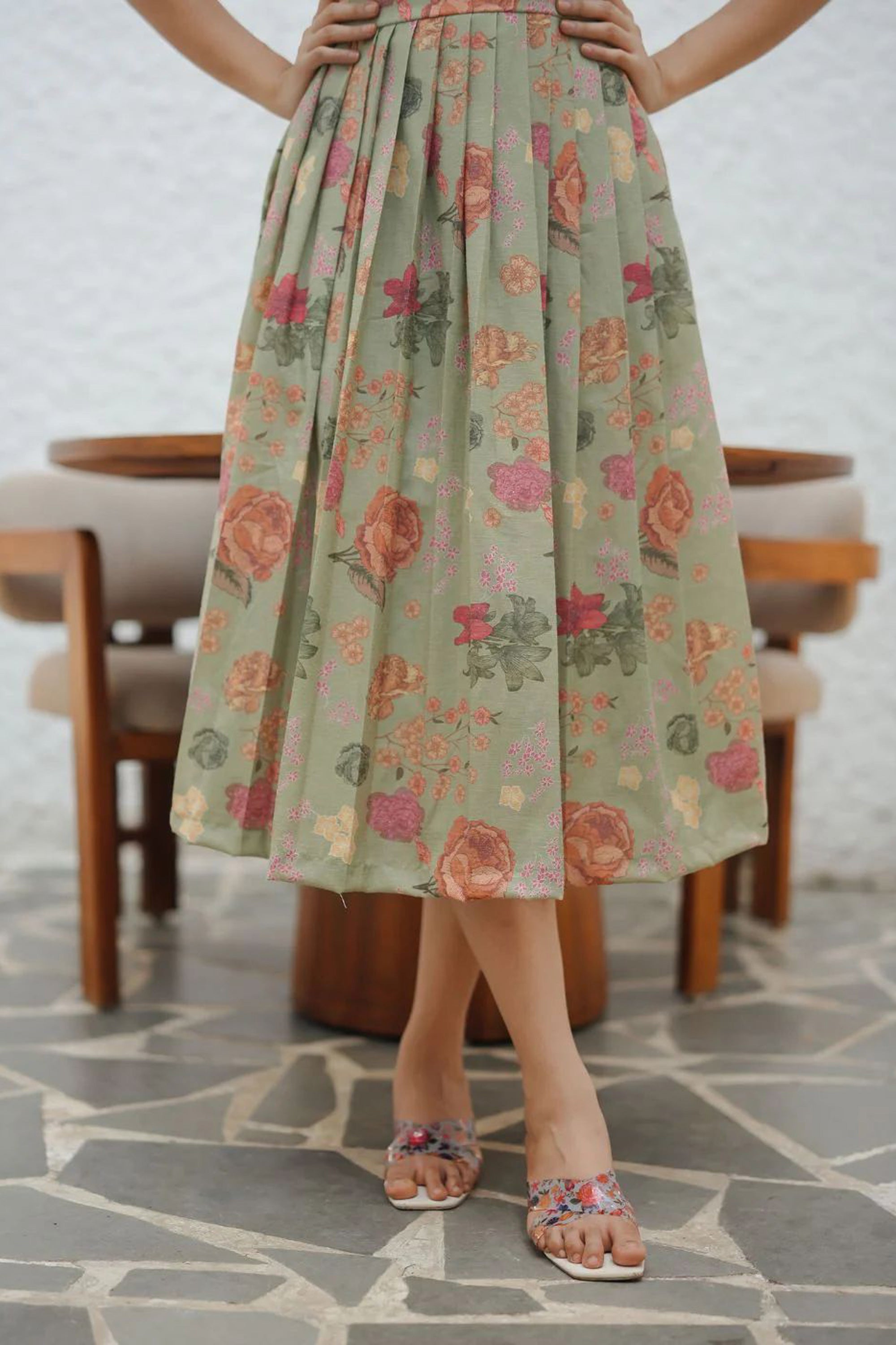 Women's Sea Green Floral Print Linen Dress