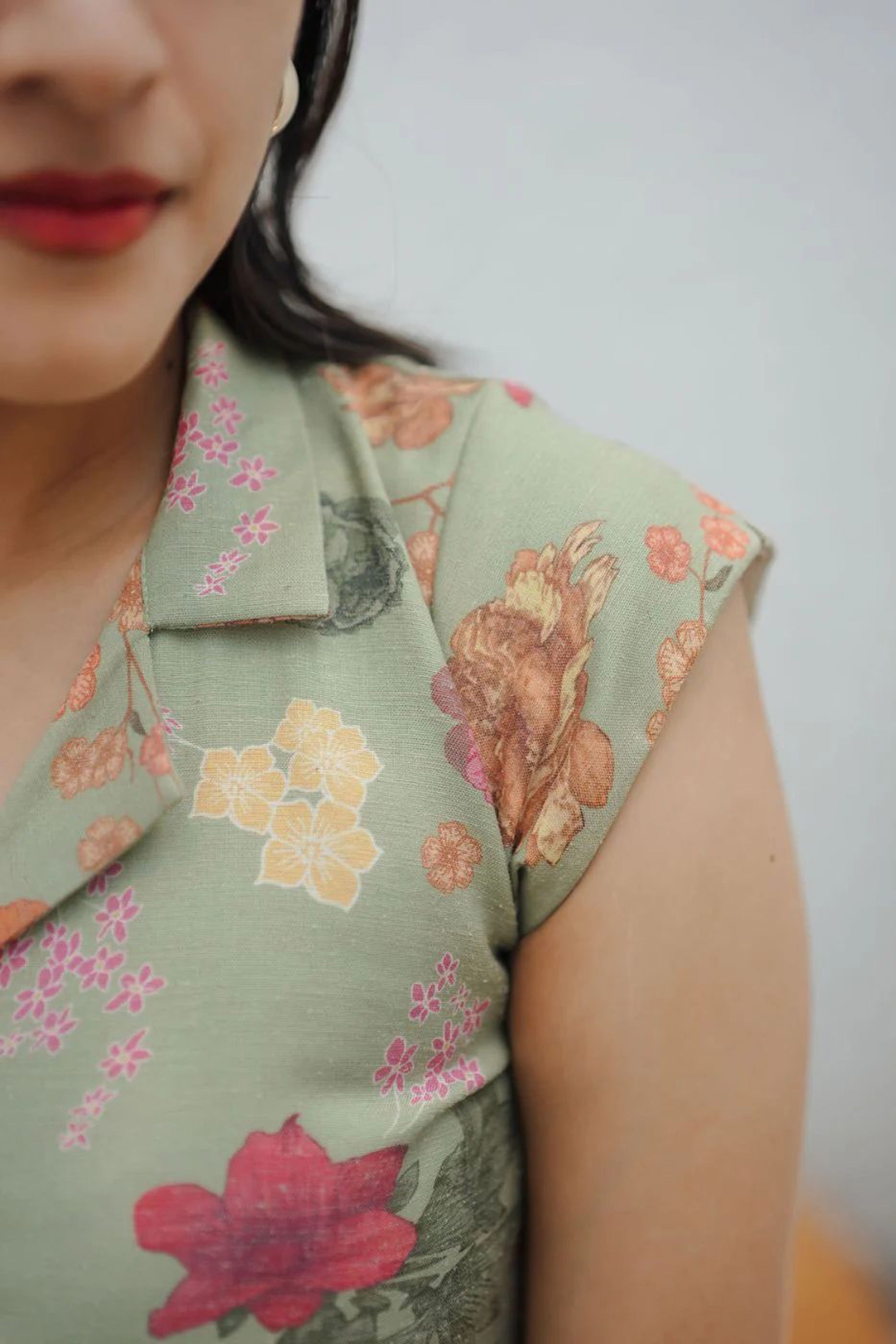 Women's Sea Green Floral Print Linen Dress