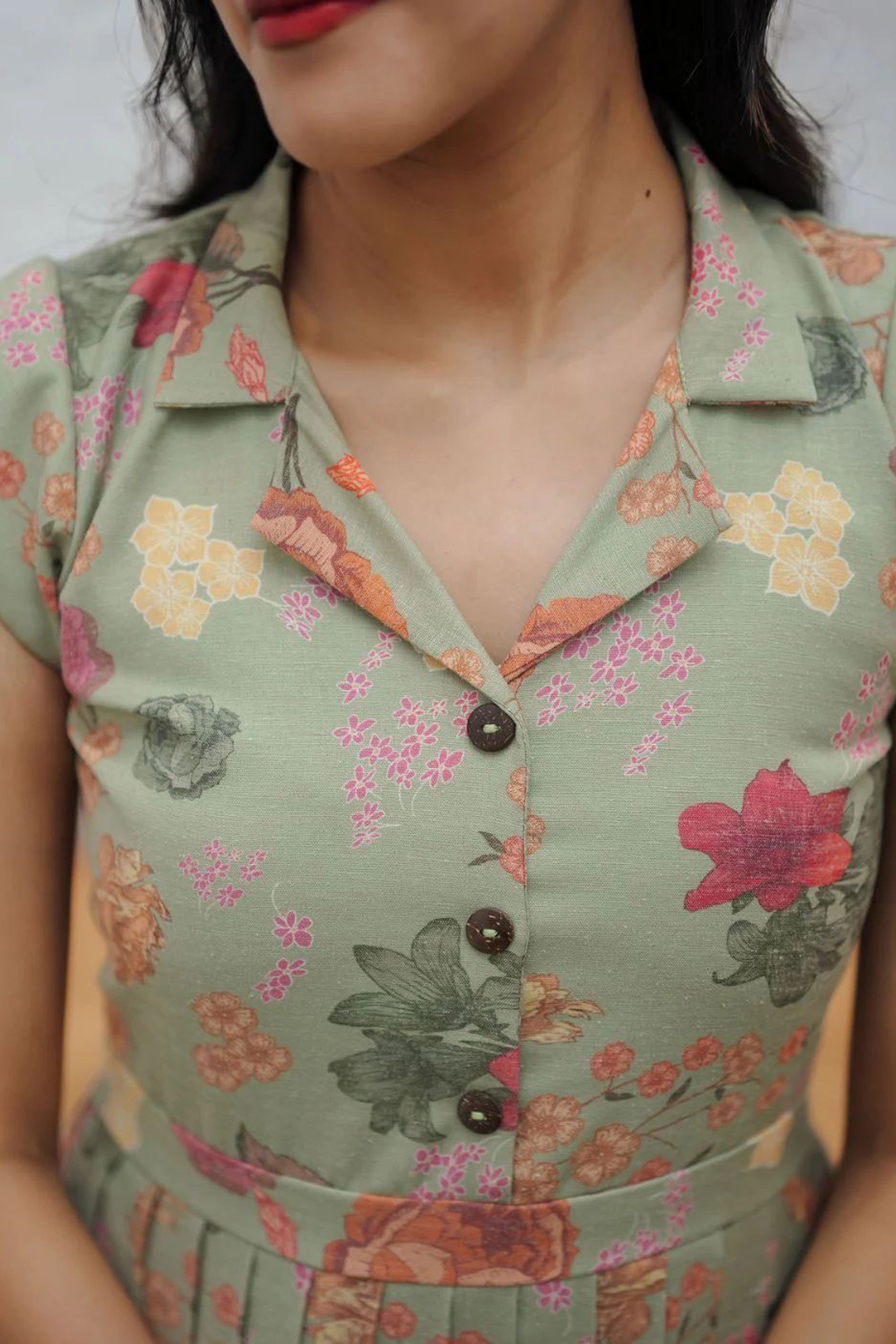 Women's Sea Green Floral Print Linen Dress