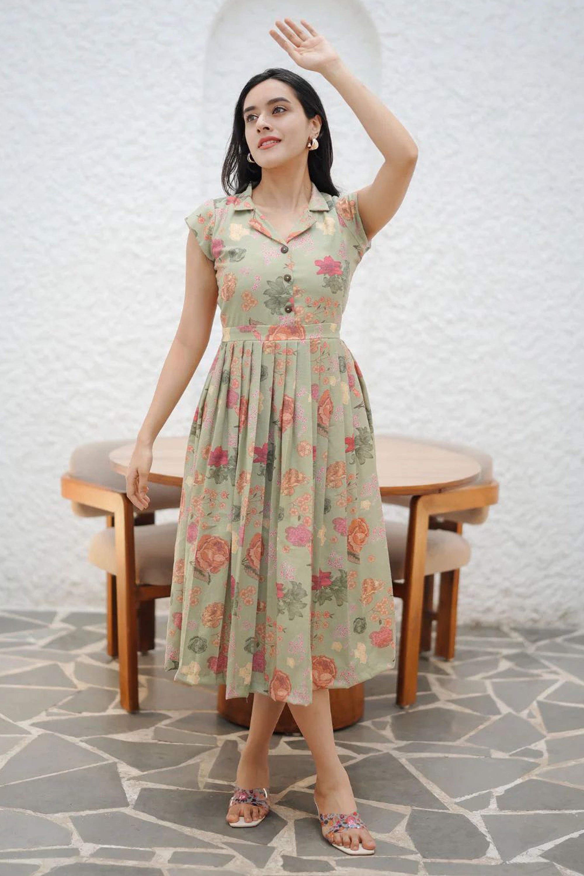 Women's Sea Green Floral Print Linen Dress