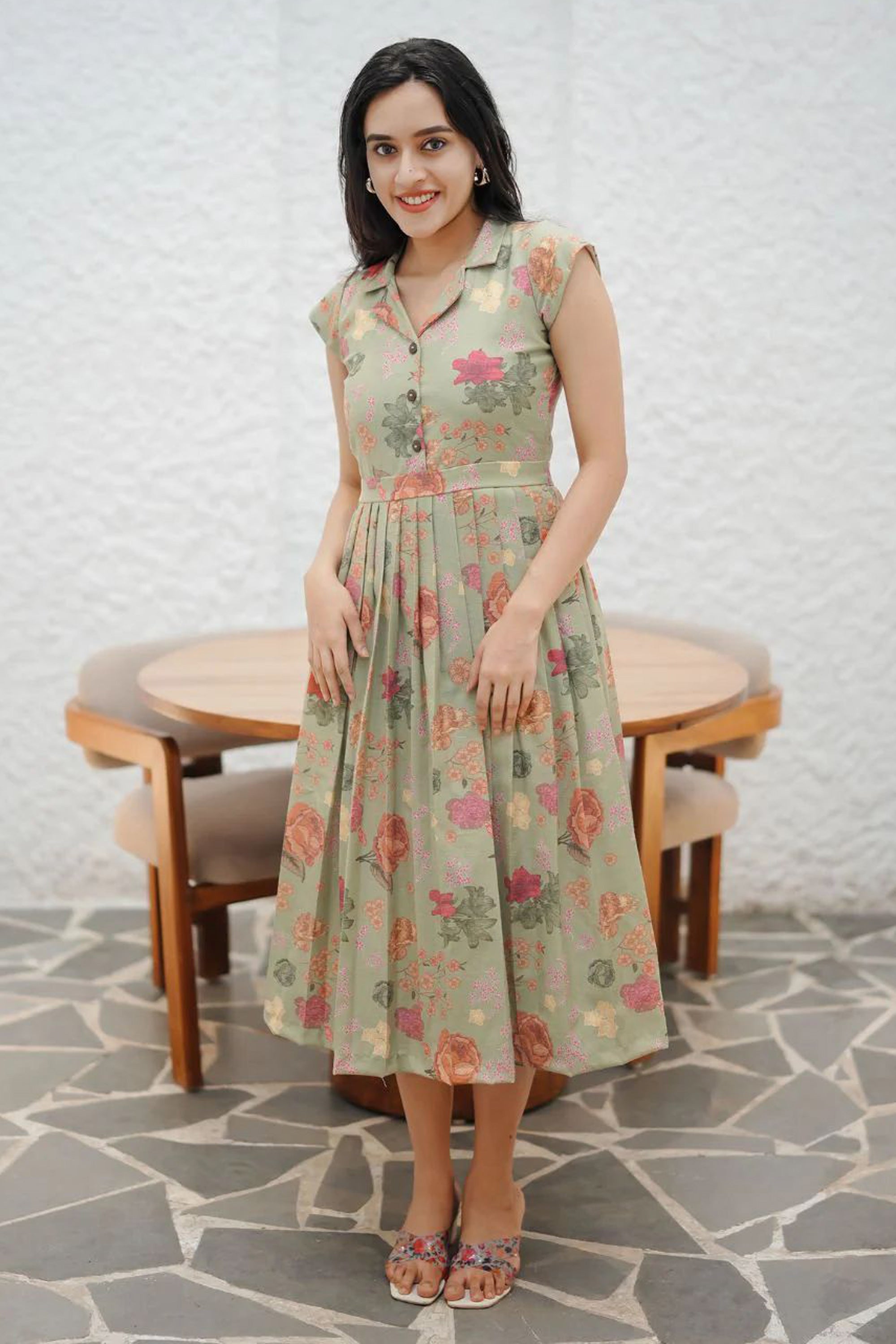 Women's Sea Green Floral Print Linen Dress