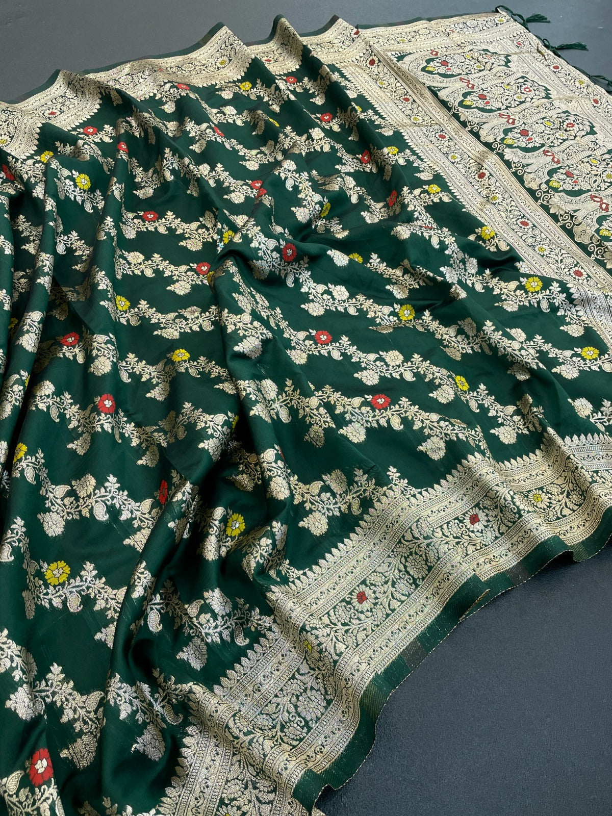 Traditional Banarasi Soft Silk by Icultuer with Floral Zari Border