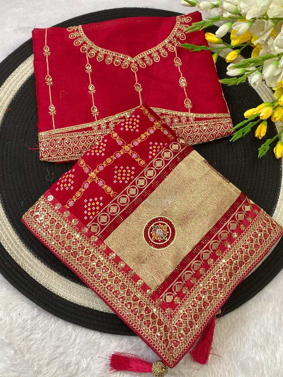 Elegant Vichitra Silk by Icultuer with Jharkan Embroidery & Contrast Blouse