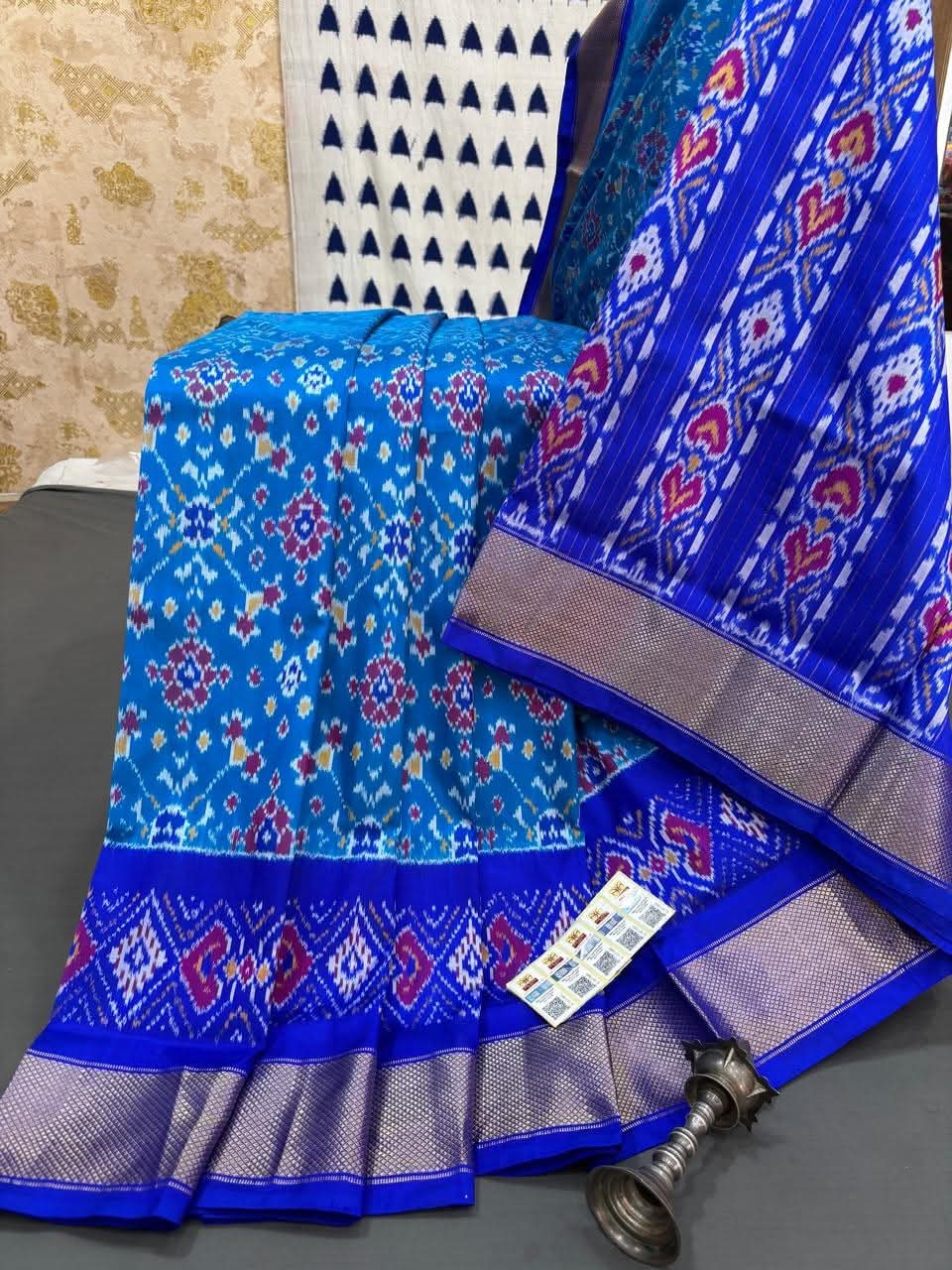 Authentic Patola Silk by Icultuer with Rich Red Border and Ikat Motifs